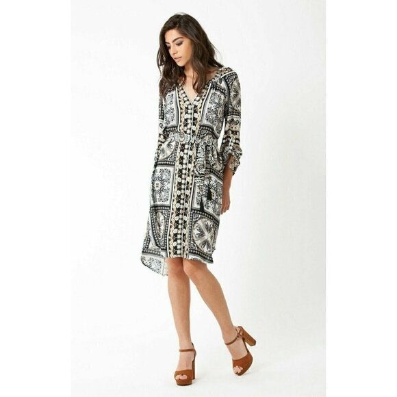 Hale Bob Mischa Button Up Long Sleeve Belt Print Maxi Dress Size M $283